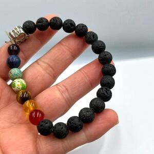 Vintage Lava Stone & Multicolor Gemstone Beaded Stretch Bracelet With Paw Charm